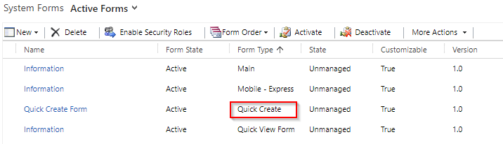 Quick create form