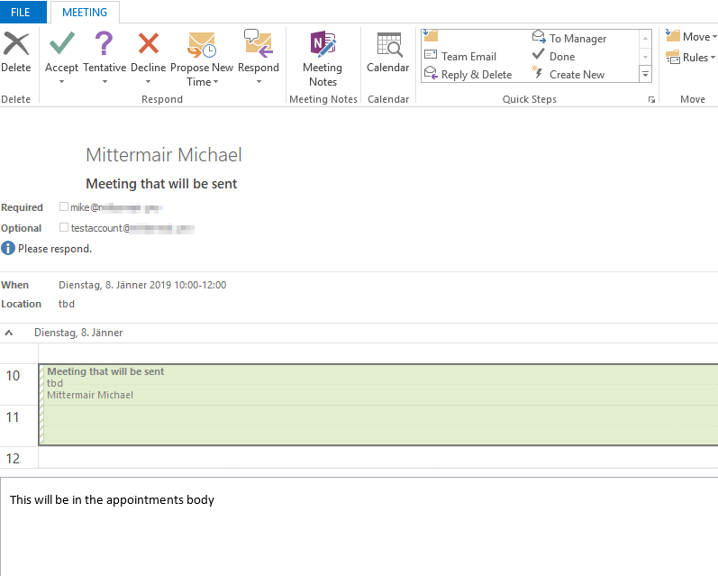 The appointment was sent to the attendees as an invitation