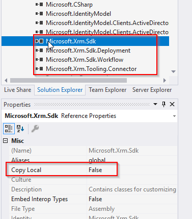 Set "Copy Local" to false in crm plugin development